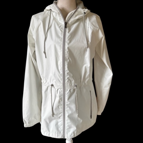 COLUMBIA ladies long sleeve hooded rain, jacket NWOT white with gray trim medium - Picture 1 of 15